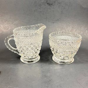 Vtg Wexford Anchor Hocking Sugar Bowl Creamer Set Clear Diamond Point Glass